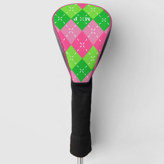 Roze en Groene Argyle met Wit Stikkend Golfheadcover (Voorkant)