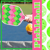 Roze en Groene Argyle met Wit Stikkend Pickleball Paddle