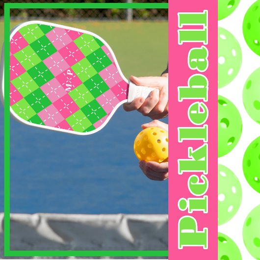 Roze en Groene Argyle met Wit Stikkend Pickleball Paddle