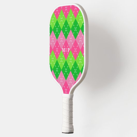 Roze en Groene Argyle met Wit Stikkend Pickleball Paddle (Links)