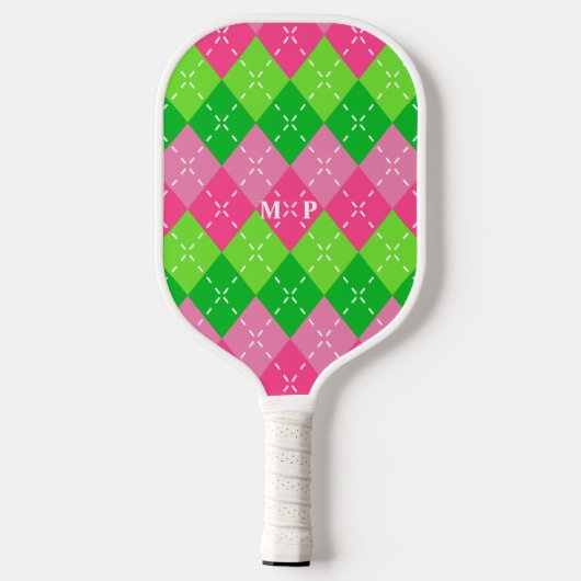 Roze en Groene Argyle met Wit Stikkend Pickleball Paddle (Achterkant)