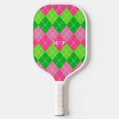 Roze en Groene Argyle met Wit Stikkend Pickleball Paddle (Voorkant)