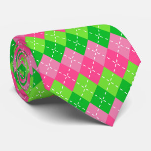 Roze en groene argyle met witte stiksels stropdas