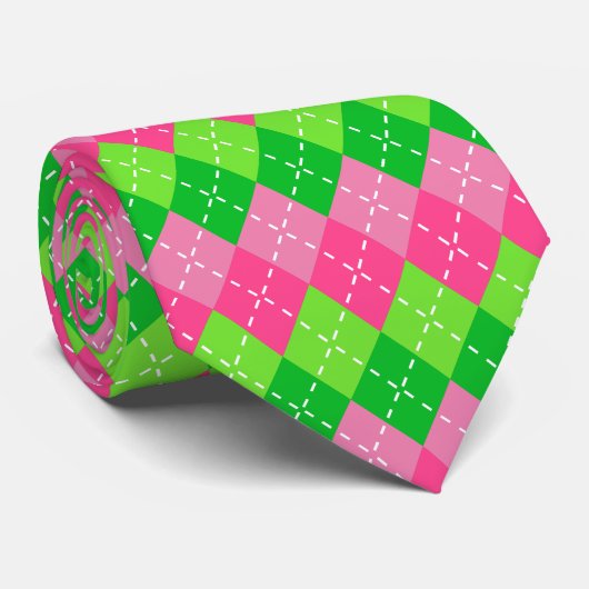 Roze en groene argyle met witte stiksels stropdas (Opgerold)