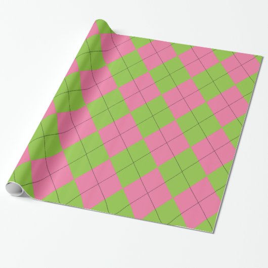 Roze en Groene Argyle Patroon Cadeaupapier (Uitgerold)