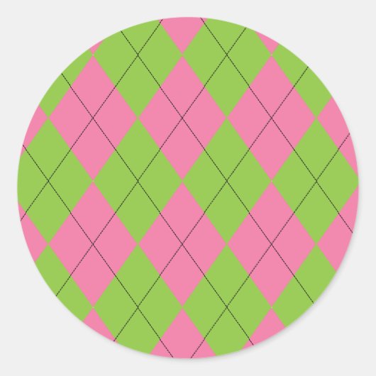 Roze en Groene Argyle Patroon met Zwarte Lijnen Ronde Sticker (Voorkant)