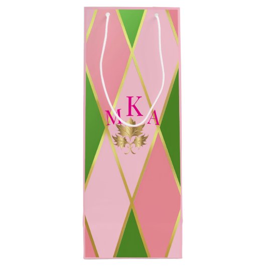 roze en groene argyle wijn cadeautas (Achterkant)