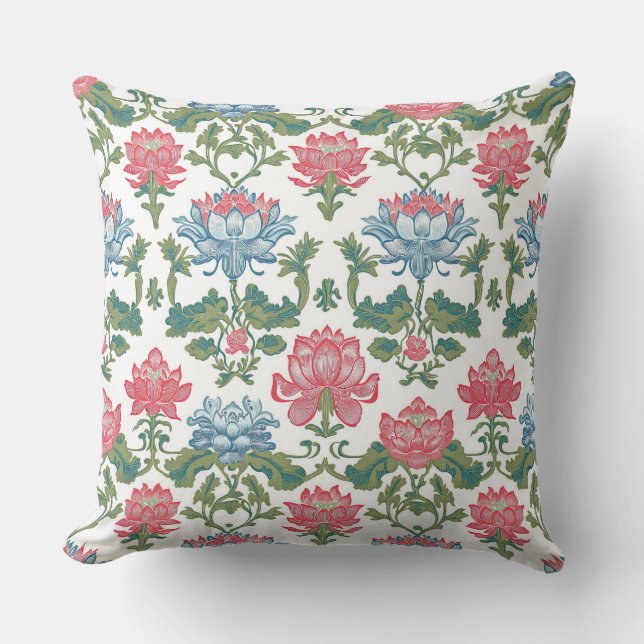 Roze en groene Art Nouveau Chinoiserie Lotus Flora Kussen (Voorkant)