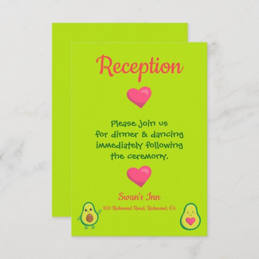 Roze en groene avocado bruiloft receptie informatiekaartje (Voorkant / Achterkant)