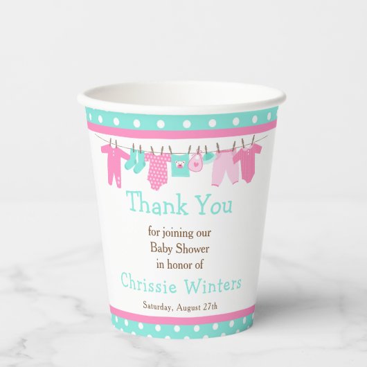 Roze en Groene Baby Baby shower Papieren Bekers (Voorkant)