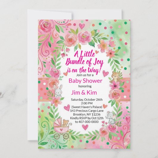 Roze en groene babyshower uitnodiging (Voorkant)