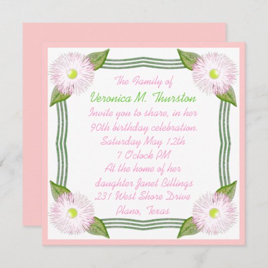  roze en groene "Birthday"-uitnodiging Kaart (Voorkant / Achterkant)