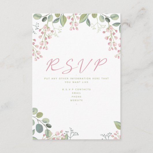 Roze en groene bladeren en bloemen "RSVP" kaart (Voorkant)