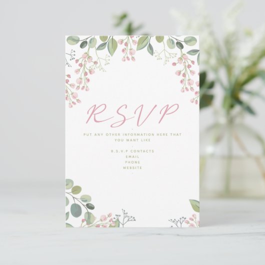 Roze en groene bladeren en bloemen "RSVP" kaart (Staand voorkant)