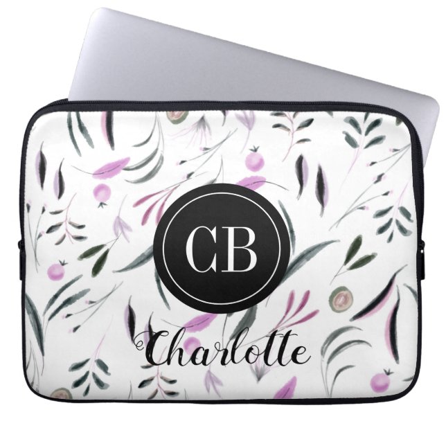 Roze en groene bladeren en vruchten Monogram en na Laptop Sleeve (Voorkant)