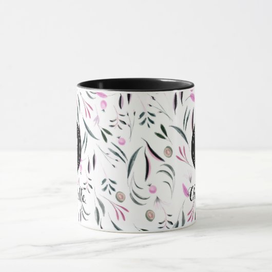 Roze en groene bladeren en vruchten Monogram en na Mok (Midden)