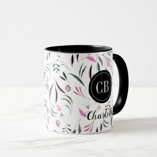 Roze en groene bladeren en vruchten Monogram en na Mok (Voorkant rechts)