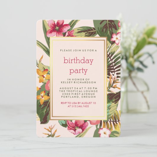 Roze en groene bladeren Tropische partij met goud Kaart (Staand voorkant)