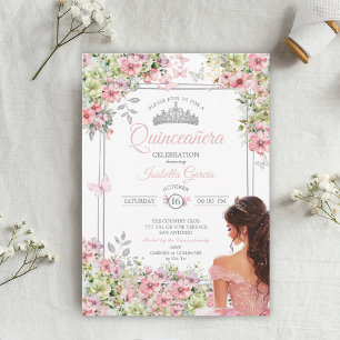Roze en groene bloem vlinder Quinceañera Kaart