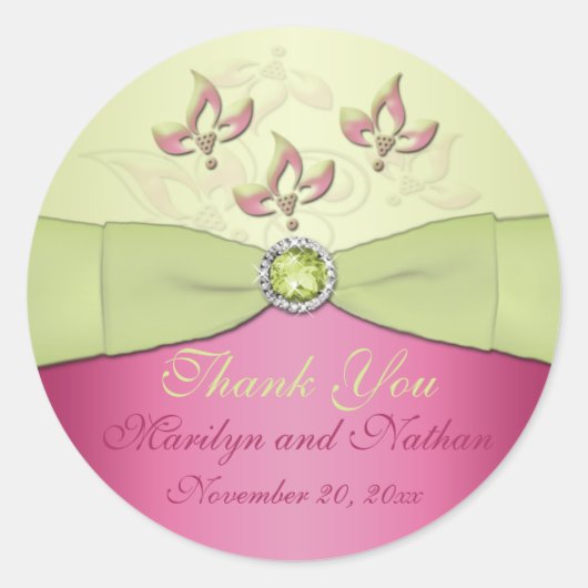 Roze en Groene Bloemen 3"Rond Dank u Sticker (Voorkant)