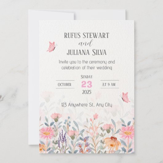 Roze en groene bloemen bruiloft kaart (Voorkant)