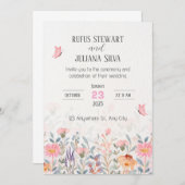 Roze en groene bloemen bruiloft kaart (Voorkant / Achterkant)