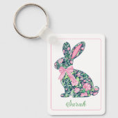 Roze en groene bloemen Chinoiserie Bunny met strik Sleutelhanger (Voorkant)