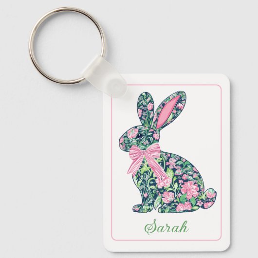 Roze en groene bloemen Chinoiserie Bunny met strik Sleutelhanger (Voorkant)