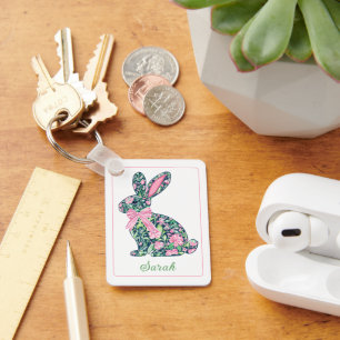 Roze en groene bloemen Chinoiserie Bunny met strik Sleutelhanger