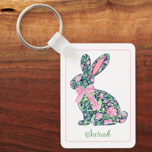 Roze en groene bloemen Chinoiserie Bunny met strik Sleutelhanger (Voorkant)