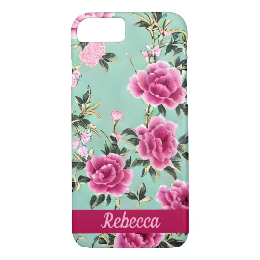 Roze en Groene Bloemen Chinoiserie Case-Mate iPhone Case (Achterkant)
