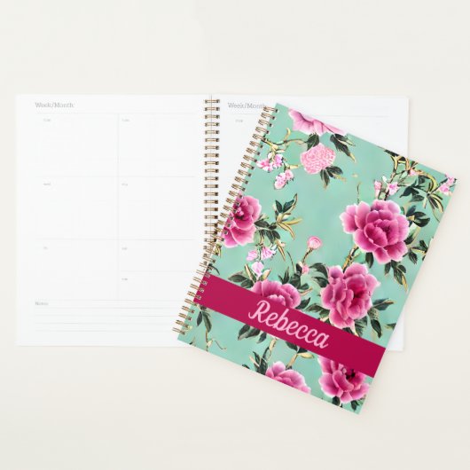 Roze en Groene Bloemen Chinoiserie Gepersonaliseer Planner (Display)