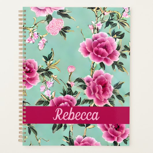 Roze en Groene Bloemen Chinoiserie Gepersonaliseer Planner (Voorkant)