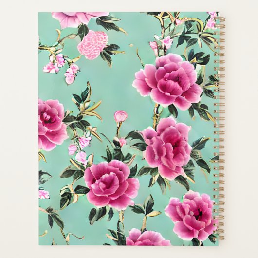 Roze en Groene Bloemen Chinoiserie Gepersonaliseer Planner (Achterkant)