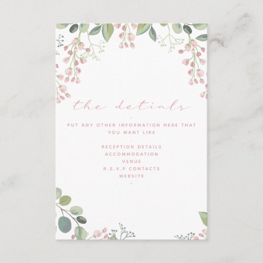 Roze en groene bloemen, elegante details informatiekaartje (Voorkant)