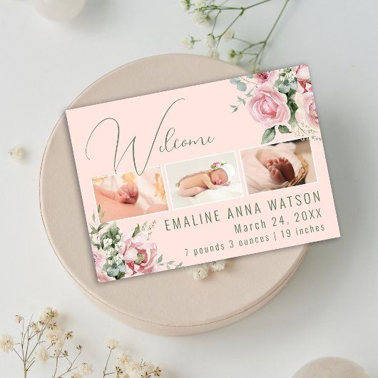 Roze en groene bloemen Foto Baby aankondiging