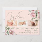 Roze en groene bloemen Foto Baby aankondiging (Voorkant)