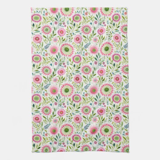 Roze en Groene Bloemen Keukenhanddoek (Verticaal)