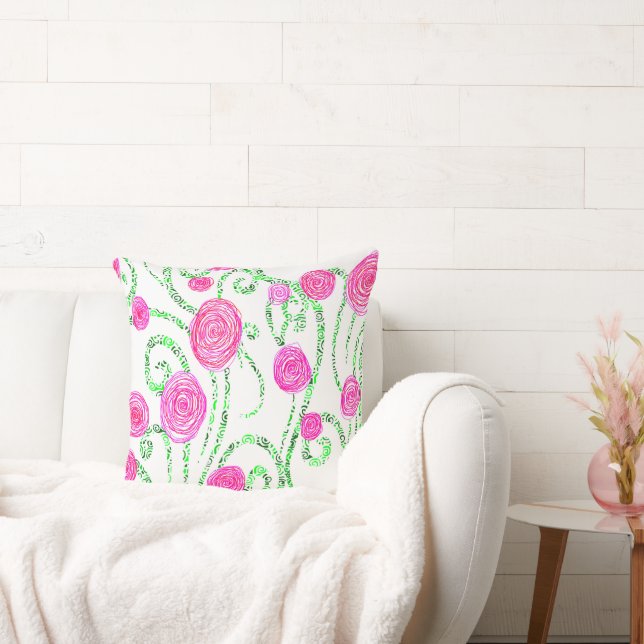 Roze en groene bloemen kussen (Bank)