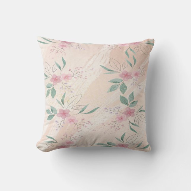 Roze en groene bloemen kussen (Voorkant)