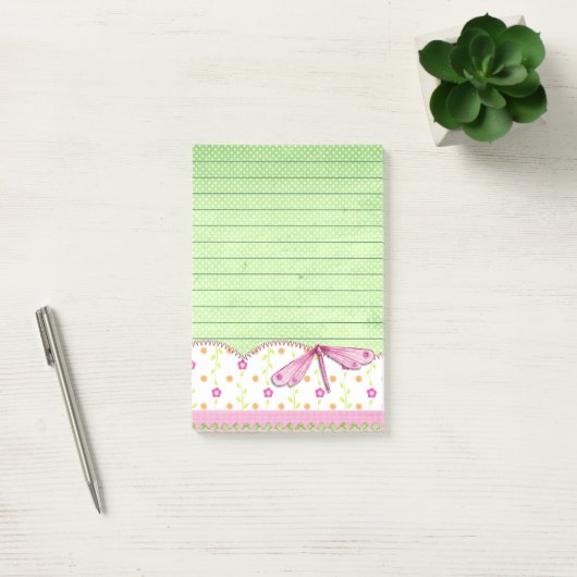Roze en Groene Bloemen met Dragonfly Post-it® Notes (Kantoor)