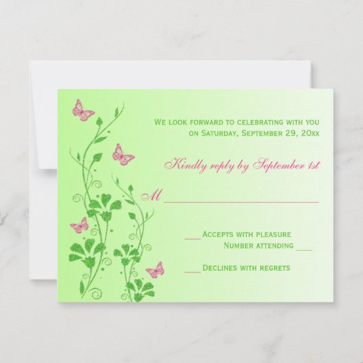 Roze en groene bloemen met vlinders antwoordkaart kaart (Achterkant)