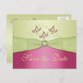 Roze en Groene Bloemen Save the Date Briefkaart (Voorkant / Achterkant)