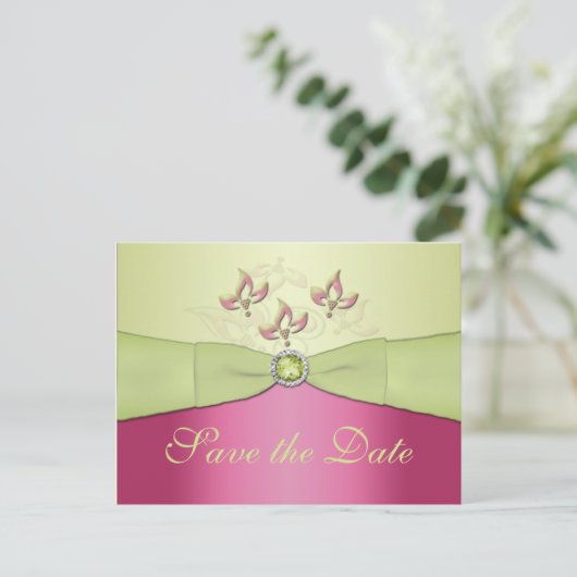 Roze en Groene Bloemen Save the Date Briefkaart (Staand voorkant)