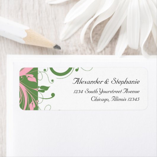 Roze en Groene Bloemen Swirl Bruiloft Etiket (Insitu)