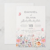 Roze en groene bloemen vlinder bruiloft kaart (Voorkant / Achterkant)