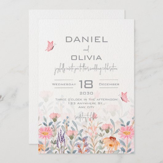 Roze en groene bloemen vlinder bruiloft kaart (Voorkant / Achterkant)