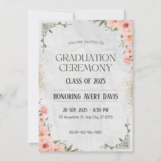 Roze en Groene Bloemen Waterverf Afstuderen Kaart (Voorkant)