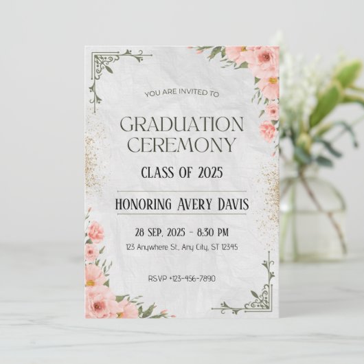 Roze en Groene Bloemen Waterverf Afstuderen Kaart (Staand voorkant)