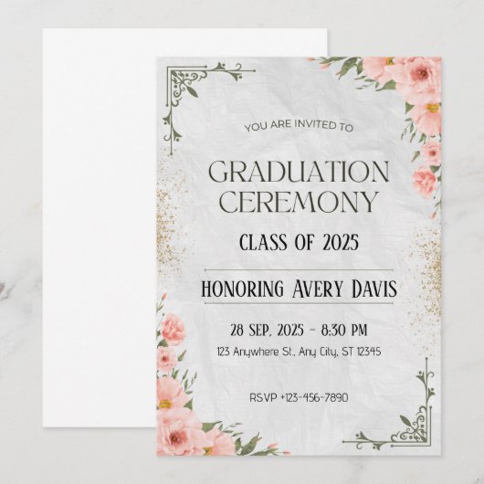 Roze en Groene Bloemen Waterverf Afstuderen Kaart (Voorkant / Achterkant)